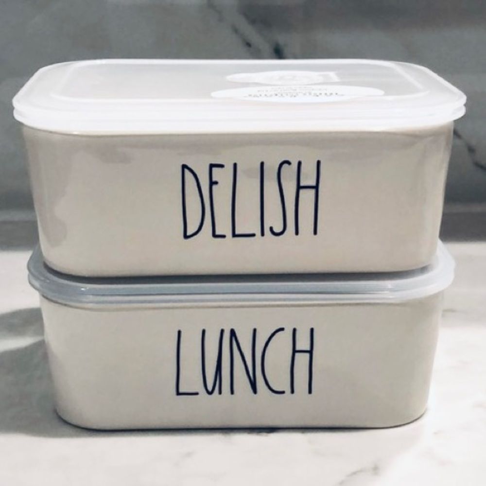 NWT Rae Dunn 2 pieces Lunch & Delish Ceramic Containers Set with Vented Lid New - Picture 7 of 15